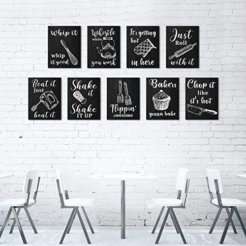 Zonon 9 Pieces Kitchen Wall Posters Funny Farmhouse Kitchenware with Sayings Posters Decor with 40 Glue Point Dots for Restaurant Cafe Bar Kitchen Dinning Room Decorations (Black,11 x 14 Inch)