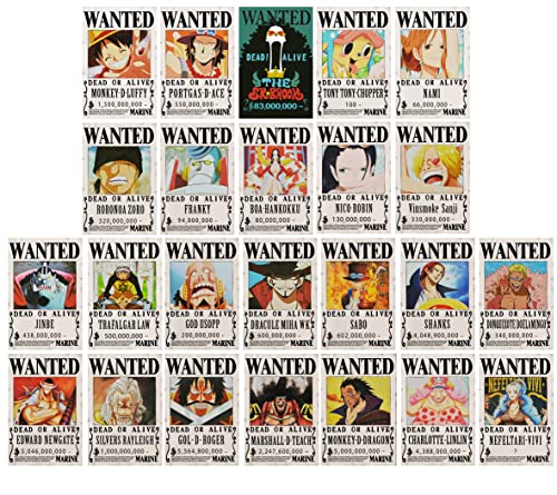 Xiumui OP Pirate Anime Wanted Poster 28.5cm×19.5cm, New Edition, Zorro, Luffy, 1.5 billion, Set of 24