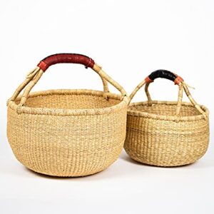 Bolga Zaare Market Basket, Handmade in Ghana by Women Artisans, Natural, LARGE/SMALL COMBO (2 baskets)