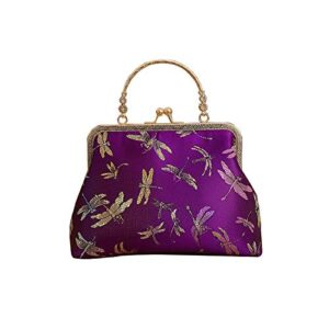 Handmade Retro Floral Print Satin Clutch Bag Vintage Women Dress Evening Wedding Clasp Frame Purse Top Handle Party Handbag (Purple Fly Print)