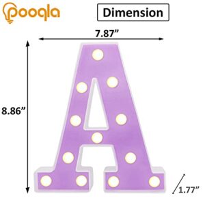 Pooqla LED Marquee Letter Lights, Light Up Alphabet Marquee Letters Sign for Night Light Birthday Wedding Party Christmas Lamp Home Bar Decoration, Purple Letter A