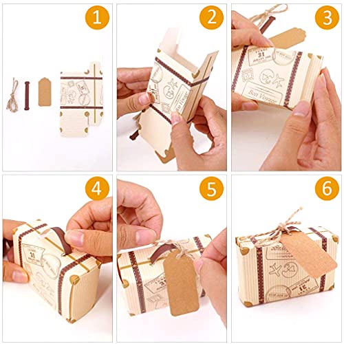 Ltcyev 100Pcs Mini Suitcase Candy Boxes, Wedding Favor Boxes Party Rustic Candy Boxes for Travel Theme Party,Wedding,Birthday,Bridal Shower Gifts,Vintage Kraft Paper with Tags