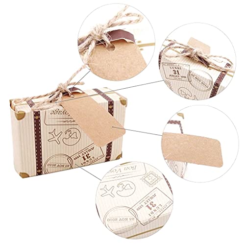 Ltcyev 100Pcs Mini Suitcase Candy Boxes, Wedding Favor Boxes Party Rustic Candy Boxes for Travel Theme Party,Wedding,Birthday,Bridal Shower Gifts,Vintage Kraft Paper with Tags