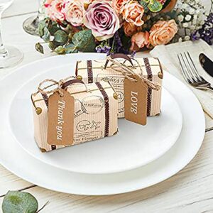 Ltcyev 100Pcs Mini Suitcase Candy Boxes, Wedding Favor Boxes Party Rustic Candy Boxes for Travel Theme Party,Wedding,Birthday,Bridal Shower Gifts,Vintage Kraft Paper with Tags