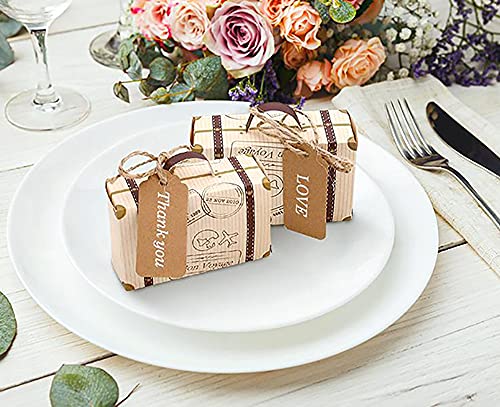 Ltcyev 100Pcs Mini Suitcase Candy Boxes, Wedding Favor Boxes Party Rustic Candy Boxes for Travel Theme Party,Wedding,Birthday,Bridal Shower Gifts,Vintage Kraft Paper with Tags