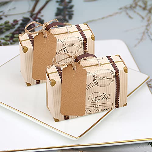 Ltcyev 100Pcs Mini Suitcase Candy Boxes, Wedding Favor Boxes Party Rustic Candy Boxes for Travel Theme Party,Wedding,Birthday,Bridal Shower Gifts,Vintage Kraft Paper with Tags