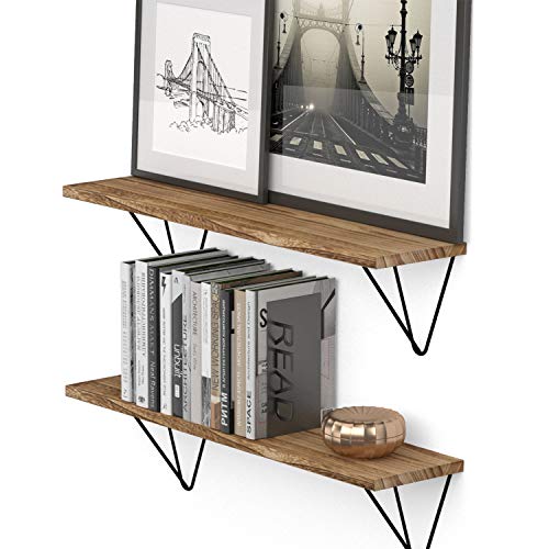 Wallniture Colmar Floating Shelves for Wall, 24" Geometric Triangle Shelf Set of 2 for Living Room Decor Burned Storage Shelves with Black Shelf Brackets