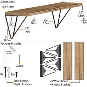 Wallniture Colmar Floating Shelves for Wall, 24" Geometric Triangle Shelf Set of 2 for Living Room Decor Burned Storage Shelves with Black Shelf Brackets