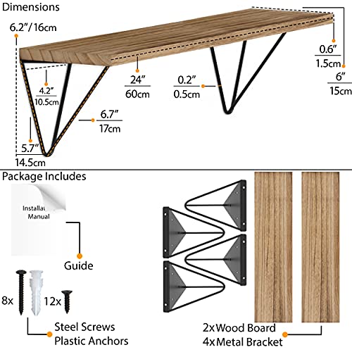 Wallniture Colmar Floating Shelves for Wall, 24" Geometric Triangle Shelf Set of 2 for Living Room Decor Burned Storage Shelves with Black Shelf Brackets