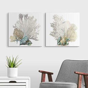 2 piece coral canvas wall art print set, beach home decor