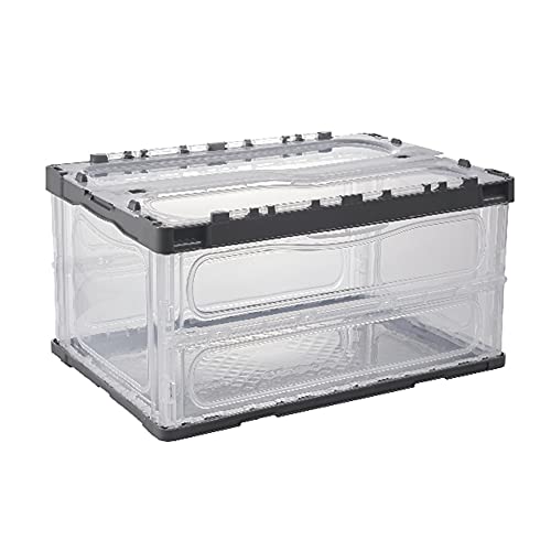 Folding and Stackable Bin with Lid | Storage Container | Storage Organizer | Storage Totes | Trunk Organizer, 45 Liter, Set of 2, Clear & Gray