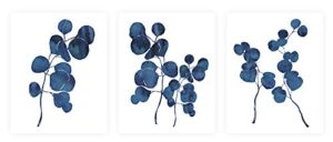 pink pixie studio blue ink eucalyptus foliage prints set of 3-5 x 7 unframed botonical watercolor indigo leaf wall art posters painting home office decor