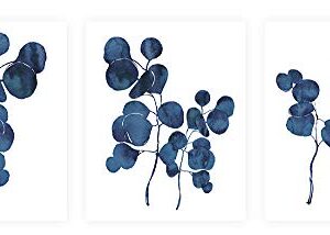 Pink Pixie Studio Blue Ink Eucalyptus Foliage Prints Set of 3-5 x 7 UNFRAMED Botonical Watercolor Indigo Leaf Wall Art Posters Painting Home Office Decor