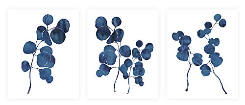 Pink Pixie Studio Blue Ink Eucalyptus Foliage Prints Set of 3-5 x 7 UNFRAMED Botonical Watercolor Indigo Leaf Wall Art Posters Painting Home Office Decor