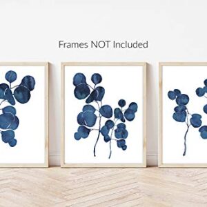 Pink Pixie Studio Blue Ink Eucalyptus Foliage Prints Set of 3-5 x 7 UNFRAMED Botonical Watercolor Indigo Leaf Wall Art Posters Painting Home Office Decor