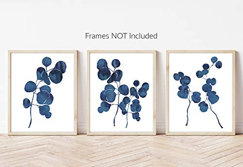 Pink Pixie Studio Blue Ink Eucalyptus Foliage Prints Set of 3-5 x 7 UNFRAMED Botonical Watercolor Indigo Leaf Wall Art Posters Painting Home Office Decor