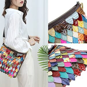 Segater Women Random Multicolor Shoulder Bag Genuine Leather Handbag Splicing Satchel Leaf Patchwork Colorful Crossbody Purses