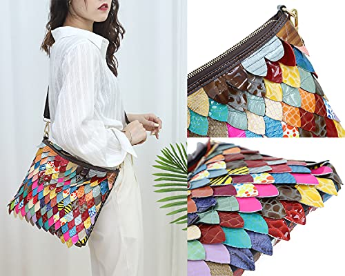 Segater Women Random Multicolor Shoulder Bag Genuine Leather Handbag Splicing Satchel Leaf Patchwork Colorful Crossbody Purses