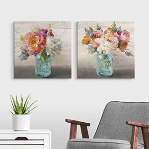 2 piece french cottage bouquet canvas wall art print set, flower home decor