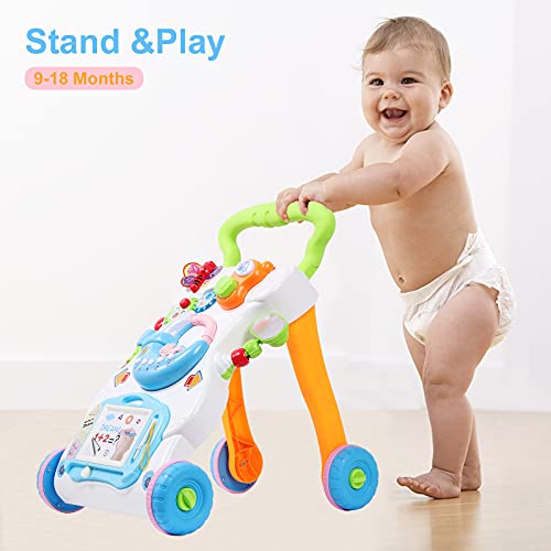 2 in 1 Sit to Stand Baby Walker with Music and Light, Toddler Push Toys for Learning to Walk, with Removable Drawing Board, Music Piano, Mini Phone for 6 Months Up Baby Boys Girls