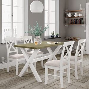 harper & bright designs 5-piece wood dining table set, farmhouse rustic kitchen dining table with 4 upholstered x-back chairs, white+beige