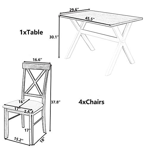 Harper & Bright Designs 5-Piece Wood Dining Table Set, Farmhouse Rustic Kitchen Dining Table with 4 Upholstered X-Back Chairs, White+Beige