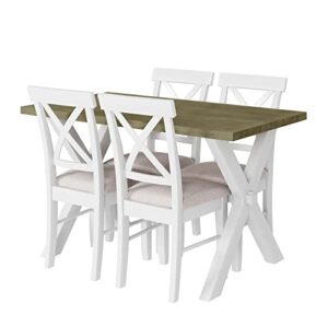 Harper & Bright Designs 5-Piece Wood Dining Table Set, Farmhouse Rustic Kitchen Dining Table with 4 Upholstered X-Back Chairs, White+Beige