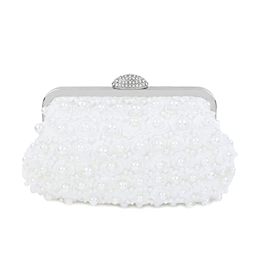 topfive Women Pearls Beaded Clutch Light Luxury White Wedding Pearls Purse Evening Handbag with Floral Texture