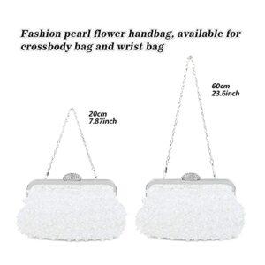 topfive Women Pearls Beaded Clutch Light Luxury White Wedding Pearls Purse Evening Handbag with Floral Texture