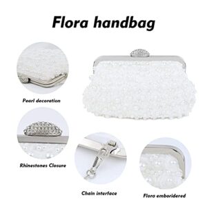 topfive Women Pearls Beaded Clutch Light Luxury White Wedding Pearls Purse Evening Handbag with Floral Texture