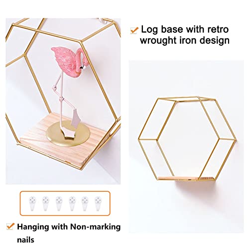 Morobor Wall Mounted Floating Hexagon Shelves,3pcs Different Sizes Metal Framed Gold Shelves with Wooden Floor for Wall Storage & Display in Modern Chic Style