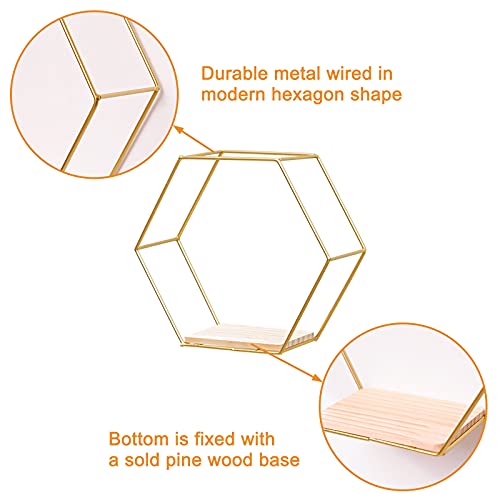 Morobor Wall Mounted Floating Hexagon Shelves,3pcs Different Sizes Metal Framed Gold Shelves with Wooden Floor for Wall Storage & Display in Modern Chic Style