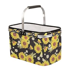 yellow sunflower flower collapsible market basket, summer daisy floral leakproof folding collapsible portable picnic basket strong aluminum frame for travel, shopping, camping & lake trips