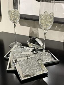 glass coasters for drinks, set of 4, diamond decor, silver crystal coaster, mirrored elegant, fancy, glam, for home kitchen table bar accessories, square (4″ x 4″)