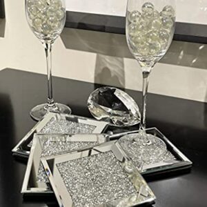 Glass Coasters for Drinks, Set of 4, Diamond Decor, Silver Crystal Coaster, Mirrored Elegant, Fancy, Glam, for Home Kitchen Table Bar Accessories, Square (4" x 4")