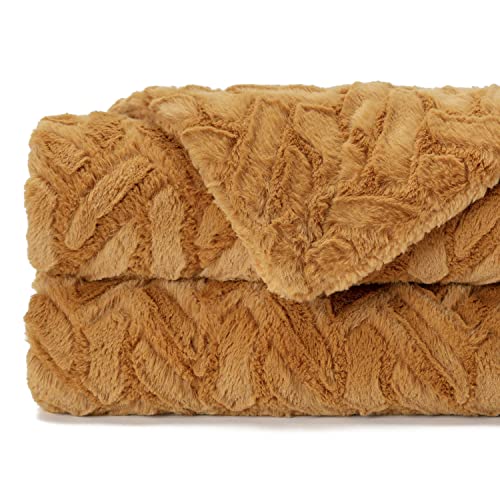 Chanasya Fuzzy Soft Cloud Textured Embossed Faux Fur Throw Blanket - Plush Sherpa Solid Cozy Gold Yellow Blanket for Bed Sofa Chair Couch Cover Living Bed Room (50x65 Inches) Golden Blanket