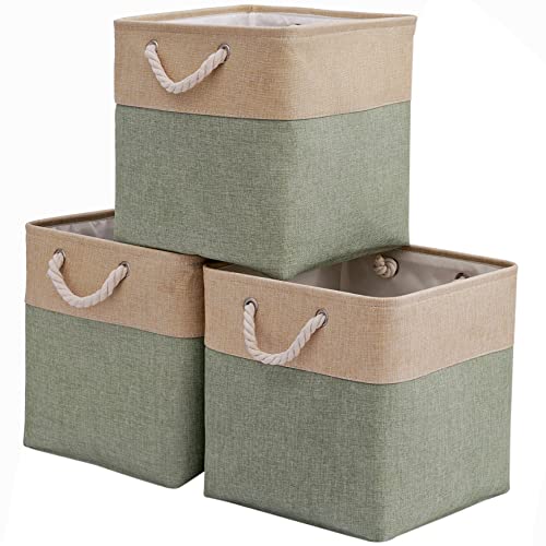 Extra Large Cube Storage Baskets (13 × 13 × 13 inches), Canvas Fabric Storage Boxes with Cotton Handles for Cupboards, Shelves, Clothes, Toys, Towel (Large, Green)