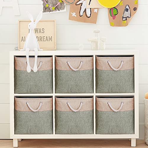 Extra Large Cube Storage Baskets (13 × 13 × 13 inches), Canvas Fabric Storage Boxes with Cotton Handles for Cupboards, Shelves, Clothes, Toys, Towel (Large, Green)