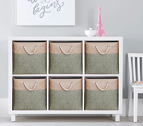 Extra Large Cube Storage Baskets (13 × 13 × 13 inches), Canvas Fabric Storage Boxes with Cotton Handles for Cupboards, Shelves, Clothes, Toys, Towel (Large, Green)