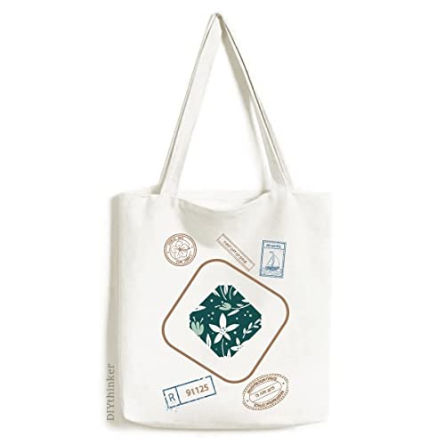 Green White Flower Paint Stamp Shopping Ecofriendly Storage Canvas Tote Bag