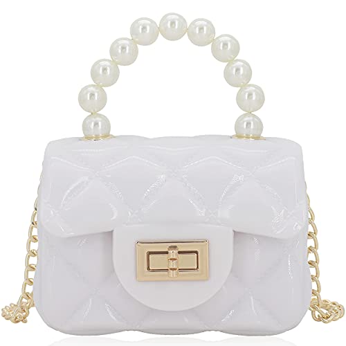 Mini Jelly Purse Flap Handbag with Pearls Top Handle Faux Quilted Crossbody Bag White