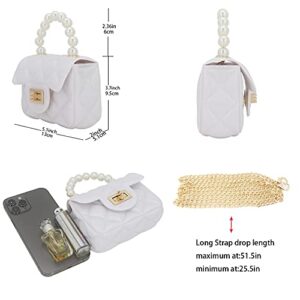 Mini Jelly Purse Flap Handbag with Pearls Top Handle Faux Quilted Crossbody Bag White