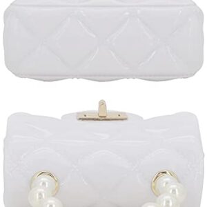 Mini Jelly Purse Flap Handbag with Pearls Top Handle Faux Quilted Crossbody Bag White