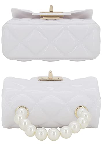 Mini Jelly Purse Flap Handbag with Pearls Top Handle Faux Quilted Crossbody Bag White