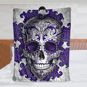 blue sugar skull floral throw blanket warm ultra-soft micro fleece blanket for bed couch living room decoration