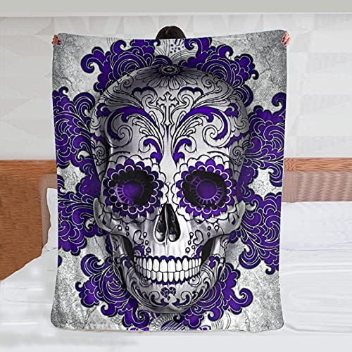 Blue Sugar Skull Floral Throw Blanket Warm Ultra-Soft Micro Fleece Blanket for Bed Couch Living Room Decoration