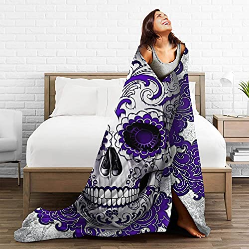 Blue Sugar Skull Floral Throw Blanket Warm Ultra-Soft Micro Fleece Blanket for Bed Couch Living Room Decoration