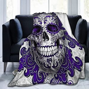 Blue Sugar Skull Floral Throw Blanket Warm Ultra-Soft Micro Fleece Blanket for Bed Couch Living Room Decoration