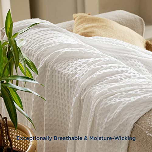 Bedsure Cooling Bamboo Waffle Weave Blanket - Soft, Lightweight and Breathable Throw Blankets for Hot Sleepers, Luxury Cotton Throws for Bed, Couch and Sofa, White 50x70Inches