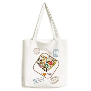 france love paris eiffel arch of triumph heart stamp shopping ecofriendly storage canvas tote bag